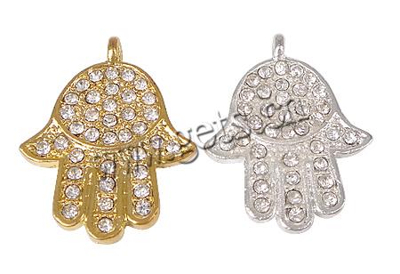 Zinc Alloy Hamsa Pendants, Hand, plated, Islamic jewelry & with rhinestone, more colors for choice, 22x28x2mm, Hole:Approx 2mm, Sold By PC