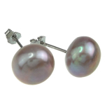 Perlas cultivadas de agua dulce Arito, latón aguja de pendiente, Cúpula, Púrpura, 9-10mm, Vendido por Par