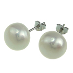 Freshwater Pearl Stud Earring, brass post pin, Dome, white, 9-10mm 