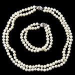 Natürliche Süßwasser Perlen Schmuck Sets, Armband & Halskette, 2 strängig, weiß, 6-7mm, Länge:17 ZollInch, verkauft von setzen