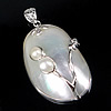 Brass Shell Pendants, with Freshwater Shell & Freshwater Pearl, Oval, platinum color plated, white, approx Approx 