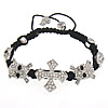 Zinc Alloy Woven Ball Bracelets, with Wax Cord, Cross, handmade, with A grade rhinestone Approx 7-13 Inch 