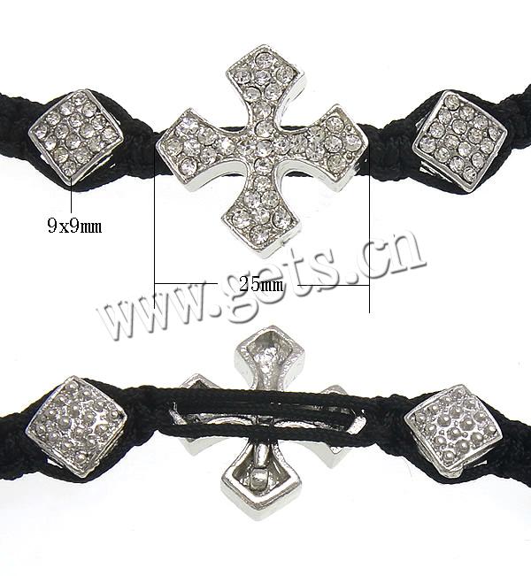 Zinc Alloy Woven Ball Bracelets, with Wax Cord, Cross, handmade, with A grade rhinestone, more colors for choice, 25x25x5mm, 9x9x7mm, 10mm, Length:Approx 7-10 Inch, Sold By Strand