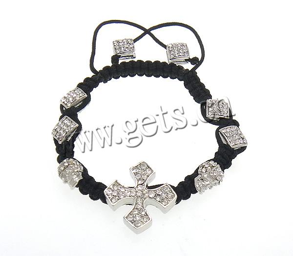 Zinc Alloy Woven Ball Bracelets, with Wax Cord, Cross, handmade, with A grade rhinestone, more colors for choice, 25x25x5mm, 9x9x7mm, 8.5x11.5x8.5mm, Length:Approx 6-13 Inch, Sold By Strand