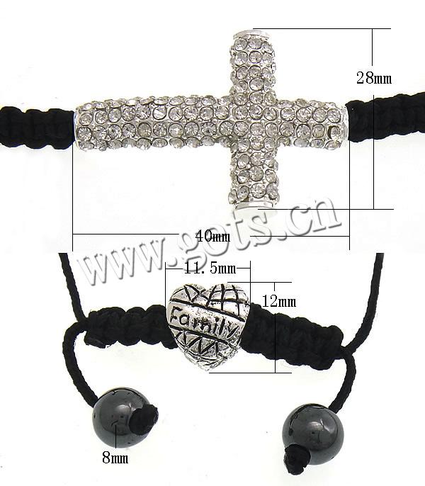 Bracelets de Woven Ball En alliage de zinc, avec Cordon de cire & Hématite, croix, fait à la main, avec les strass de catégorie A, plus de couleurs à choisir, 40x28x6.5mm, 8mm, 11.5x12x8mm, Longueur:Environ 5-10 pouce, Vendu par brin