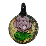 Inner Flower Lampwork Pendants, Flat Round, two tone & gold powder Approx 6.5mm 