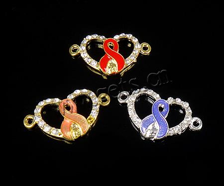 Rhinestone Zinc Alloy Connector, Heart, plated, Customized & with rhinestone & 1/1 loop, more colors for choice, 30.5x17x3.5mm, Hole:Approx 2mm, Sold By PC