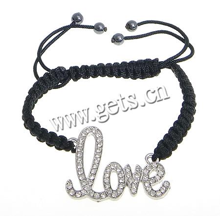 Zinc Alloy Woven Ball Bracelets, with Wax Cord & Hematite, Letter, word love, handmade, Customized & with A grade rhinestone, more colors for choice, 39.8x32mm, 6mm, Length:Approx 7.2-12 Inch, Sold By Strand