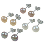 Freshwater Pearl Stud Earring, brass post pin, Dome, mixed colors, 6-7mm 