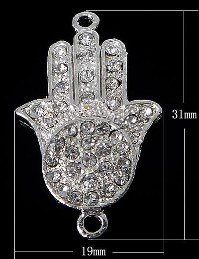 Rhinestone Zinc Alloy Connector, Hand, plated, Customized & with rhinestone & 1/1 loop, more colors for choice, 19x31x3mm, Hole:Approx 2mm, Sold By PC