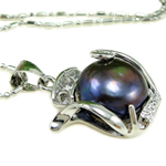 perle d'eau douce cultivée collier, avec chaîne en laiton, fleur, avec zircone cubique & à un fil, noire 11mm Environ 16 pouce, Vendu par brin