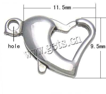 Stainless Steel Lobster Claw Clasp, Heart, original color, 11.5x9.5x3.5mm, Hole:Approx 1.5mm, Sold By PC