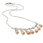 Пресноводные жемчуги Ожерелье, с медные цепи, со стразами & однонитевая, розовый, 6-7mm, длина:16.5 дюймовый, продается Strand