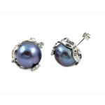 Freshwater Pearl Stud Earring, brass post pin, Flower, blue black, 12-13mm 