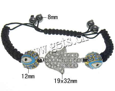 bracelet hamsa , alliage de zinc, avec corde en nylon, main, Placage, émail & avec strass, plus de couleurs à choisir, 19x32mm, 12mm, 8mm, Longueur:Environ 7-11 pouce, Vendu par brin