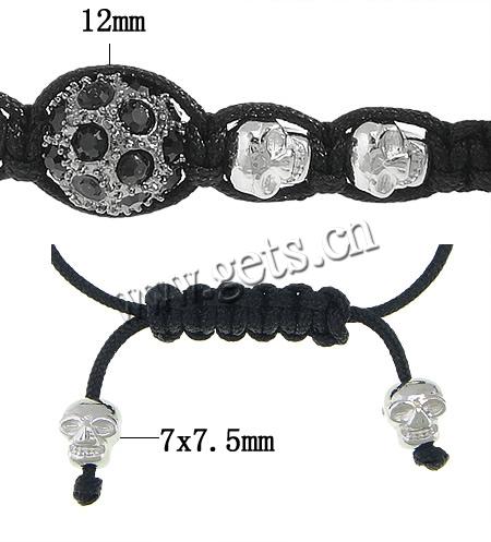 Zinc Alloy Woven Ball Bracelets, with Wax Cord, handmade, with rhinestone, more colors for choice, 7x7.5x6mm, 12mm, Length:Approx 3-5 Inch, Sold By Strand