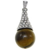 Tiger Eye Pendants, with Brass, Teardrop, silver color plated, with rhinestone Approx 1.2 