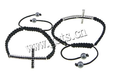 Zinc Alloy Woven Ball Bracelets, with Wax Cord & Nylon Cord & Hematite, Cross, handmade, with rhinestone, more colors for choice, 49x25x5mm,8mm, Length:Approx 7-14 Inch, Sold By Strand