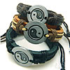 Men Bracelet, Cowhide, with Waxed Cotton Cord & Zinc Alloy, plumbum black color plated, ying yang & adjustable & blacken, mixed colors Approx 7-9 Inch 