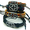 Men Bracelet, Cowhide, with Waxed Cotton Cord & Zinc Alloy, plumbum black color plated, with cross pattern & adjustable, mixed colors Approx 7-9 Inch, 50/Bag 