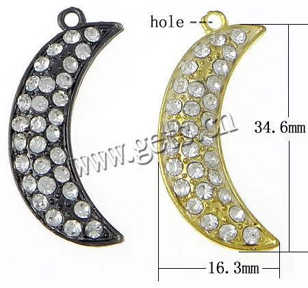 Zinc Alloy Rhinestone Pendants, Moon, plated, Customized & with rhinestone, more colors for choice, 34.6x16.3x3.3mm, Hole:Approx 2.1mm, Sold By PC