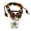 Cowhide Bracelets, with Waxed Cotton Cord & Wood & Zinc Alloy, Flower, platinum color plated, charm bracelet & adjustable &  & blacken Approx 7-9 Inch 