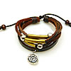 Cowhide Bracelets, with Waxed Cotton Cord & Wood & Zinc Alloy, Flower, plated, charm bracelet & adjustable & Approx 7-9 Inch 