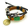 Cowhide Bracelets, with Waxed Cotton Cord & Wood & Zinc Alloy, Flat Round, plated, charm bracelet & adjustable & Approx 7-9 Inch 
