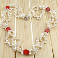 Freshwater Pearl Necklace, with Natural Coral, brass spring ring clasp , white, 5-6mm,12mm .6 Inch 