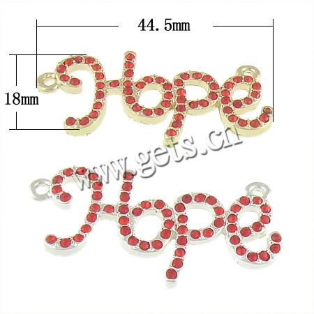 Rhinestone Zinc Alloy Connector, Letter, word hope, plated, Customized & with rhinestone & 1/1 loop, more colors for choice, 44.5x18x3mm, Hole:Approx 2mm, Sold By PC