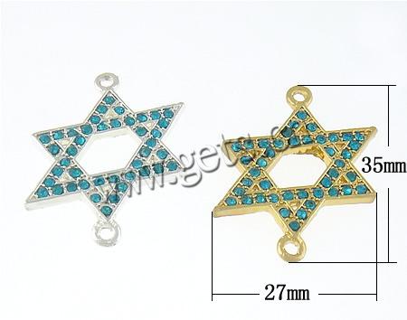 Rhinestone Zinc Alloy Connector, Star of David, plated, Judaism Jewelry & Customized & with rhinestone & 1/1 loop, more colors for choice, 27x35x2.5mm, Hole:Approx 2mm, Sold By PC