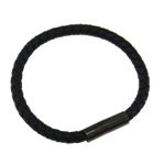 PU Cord Bracelets, with brass magnetic clasp, black color, 6mm, Sold per 7.  Strand