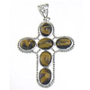 Tiger Eye Pendants, with Brass, Cross, silver color plated Approx 