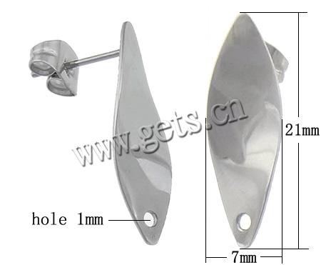 Гвоздик для сережки из нержавеющей стали, нержавеющая сталь, Листок, оригинальный цвет, 7x21mm, 0.8mm, отверстие:Приблизительно 1mm, продается Пара