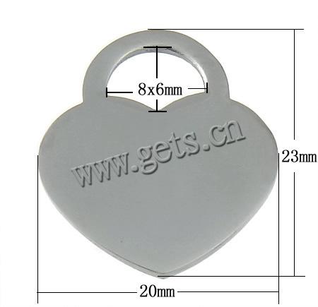 Stainless Steel Tag Charm, Heart, Customized, original color, 20x23x1.5mm, Hole:Approx 8x6mm, Sold By PC