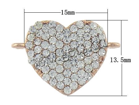 Rhinestone Zinc Alloy Connector, Heart, plated, with Mideast rhinestone & 1/1 loop, more colors for choice, nickel, lead & cadmium free, 13.5x15x2.5mm, Hole:Approx 1.5mm, Sold By PC