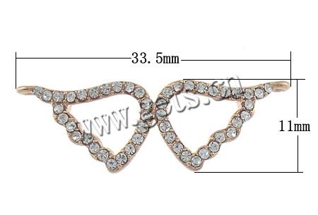 Rhinestone Zinc Alloy Connector, Wing Shape, plated, with Mideast rhinestone & 1/1 loop, more colors for choice, nickel, lead & cadmium free, 11x33.5x2.5mm, Hole:Approx 1.5mm, Sold By PC
