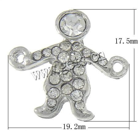 Rhinestone Zinc Alloy Connector, Character, plated, Customized & with rhinestone & 1/1 loop, more colors for choice, 19.2x17.5x3.5mm, Hole:Approx 1.8mm, Sold By PC