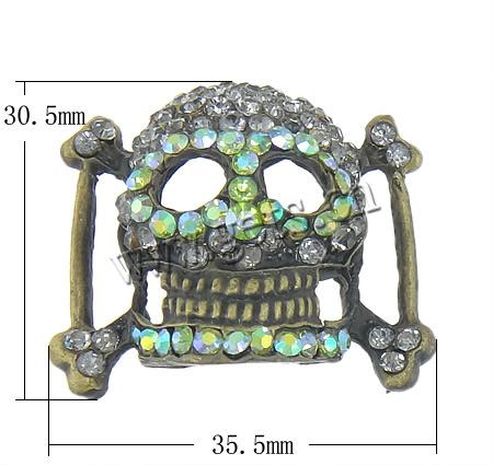 Rhinestone Zinc Alloy Connector, Skull, plated, with rhinestone & 1/1 loop, more colors for choice, 35.5x30.5x10.5mm, Sold By PC