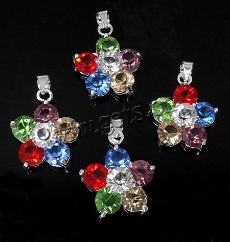Colgantes de flor de latón, metal, chapado en color de platina, con diamantes de imitación, más colores para la opción, 17x20x6.5mm, agujero:aproximado 4mm, Vendido por UD