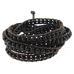 Wrap Bracelets, Leather, with Black Agate, brass clasp , 4mm, 7mm Approx 34-35 Inch 