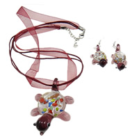 Lampwork Jewelry Sets, earring & necklace, with Ribbon, brass lobster clasp, brass earring hook, Animal, silver foil  .5 Inch 