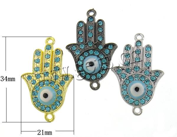 Rheinkiesel Zinklegierung Verbinder, Hamsa, plattiert, Islam Schmuck & Emaille & mit Strass & 1/1-Schleife, keine, 34x21x3mm, Bohrung:ca. 1mm, verkauft von PC