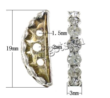 La mitad Ronda Puente Rhinestone Spacer, metal, Luna, chapado en color de plata, 3-aro & con diamantes de imitación, 3x19x8mm, agujero:aproximado 1.5-2mm, 50PCs/Grupo, Vendido por Grupo