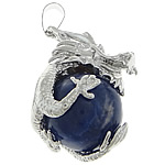 Sodalite Pendants, with Brass, Dragon, silver color plated Approx 
