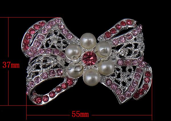 Zinc Alloy Brooch Finding, Bowknot, plated, Customized & with glass pearl & with rhinestone, more colors for choice, 37x55x12mm, Sold By PC