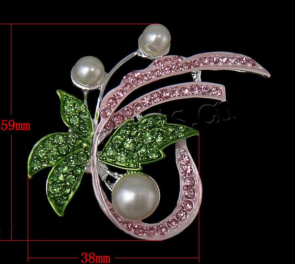 Zinc Alloy Brooch Finding, with Glass Pearl & Rhinestone, Leaf, plated, Customized & enamel, more colors for choice, 59x38x12mm, Sold By PC