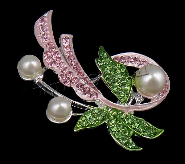 Zinc Alloy Brooch Finding, with Glass Pearl & Rhinestone, Leaf, plated, Customized & enamel, more colors for choice, 59x38x12mm, Sold By PC