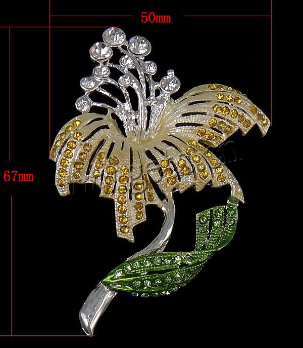 Zinc Alloy Brooch Finding, with Rhinestone, Flower, plated, Customized & enamel, more colors for choice, 67x50x6mm, Sold By PC