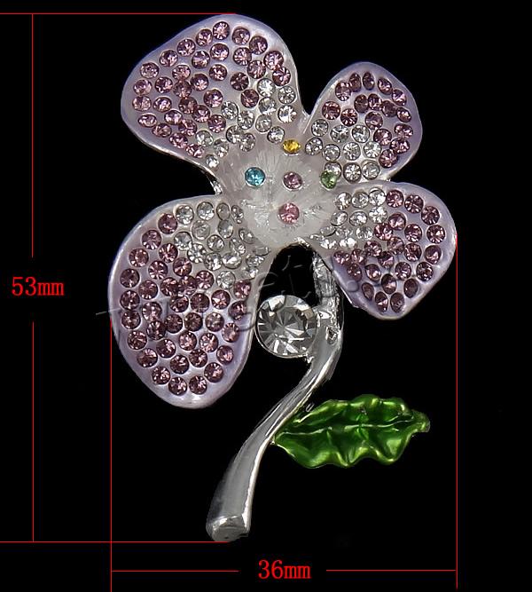 Zinc Alloy Brooch Finding, with Rhinestone, Flower, plated, Customized & enamel, more colors for choice, 53x36x9mm, Sold By PC